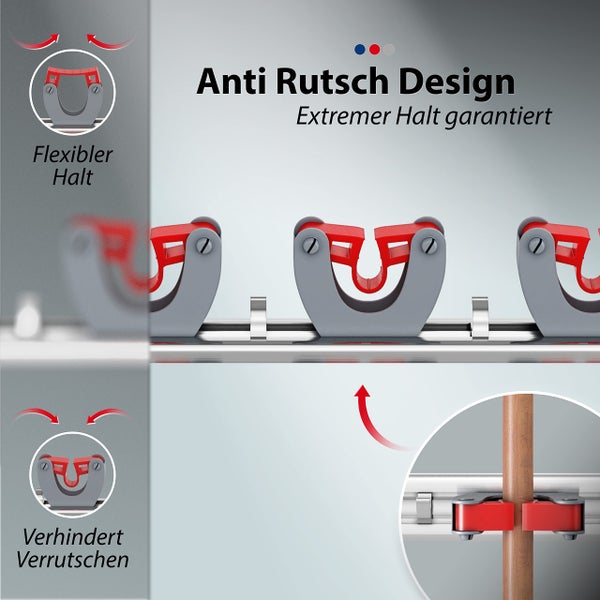 GARLAVIE Besenhalterung Wand selbstklebend 4 Halter und 5 Haken - Gerätehalter für Besen, Gartengeräte und Küche - Besenhalter ohne Bohren - Halterung Organizer für Garten und Haushalt 1x