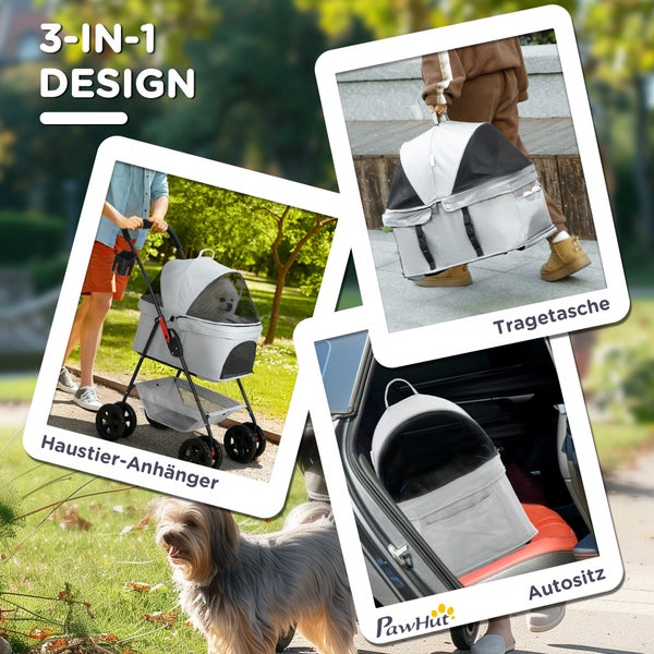 PawHut Hundewagen 3 in 1 Hundebuggy Faltbar Hundebox, klappbar Transporttasche mit Getränkehalter, Hunde Buggy, Katzenwagen mit 360° Räder Katzenbuggy für Mini Hunde unter 4 kg, Hellgrau