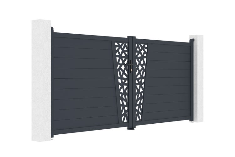 Zweiflügeliges Einfahrtstor aus Aluminium in Anthrazit mit horizontalen Lamellen und dekorativen geometrisch durchbrochenen Paneelen.