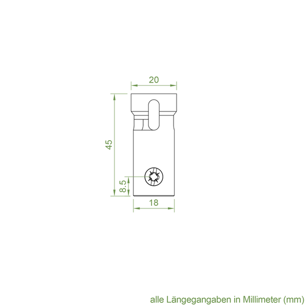 Technische Zeichnung eines Möbelbeschlags mit Maßangaben in Millimetern