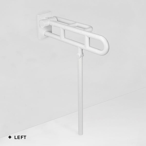 Weißer Stützklappgriff mit Bodenstütze zur Wandmontage für barrierefreie Badezimmer.