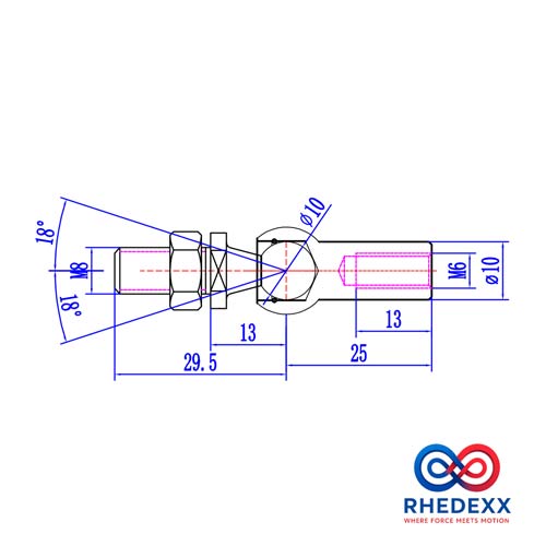 Technische Zeichnung eines Winkelgelenks mit Gewinden der Größe M8 und M6 sowie Maßangaben und Winkeln. RHEDEXX Logo.