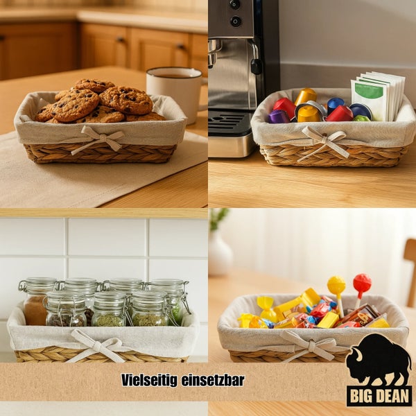Vielseitiger geflochtener Aufbewahrungskorb mit Stofffutter und Schleife für Gebäck, Kaffeekapseln, Gewürze und Süßigkeiten. Big Dean Logo.