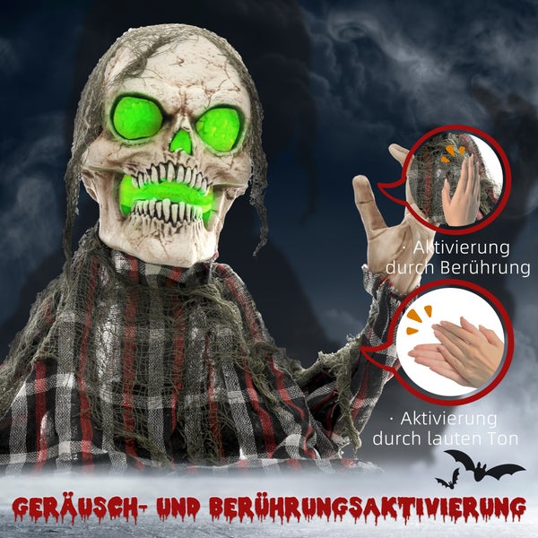 HOMCOM 70cm Halloween Dekoration Skelett Halbkörper Figur mit LED-Lichter, Soundfunktion, Haustür Deko mit verstellbare Arme, Halloween Horror Ornamente für Halloween Party