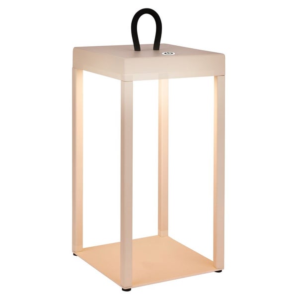 Rechteckige LED-Laterne in Beige mit schwarzem Tragegriff und integriertem Schalter auf der Oberseite.