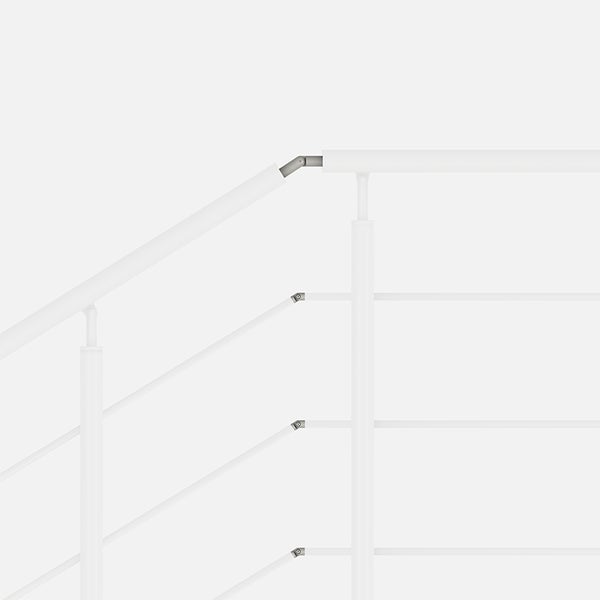 Detailansicht eines weißen Treppengeländers mit Edelstahlverbindungen.