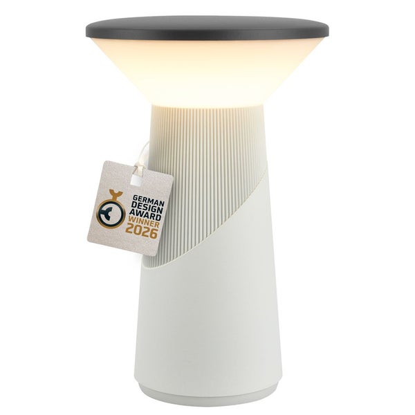 Moderne LED Tischleuchte mit geriffeltem Sockel und flachem Schirm, Gewinner des German Design Award zweitausendsechsundzwanzig.