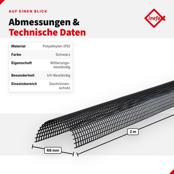 Inefa Dachrinnenschutz aus Polyethylen in Gitterform mit einer Länge von zwei Metern und einer Breite von achtundsechzig Millimetern.