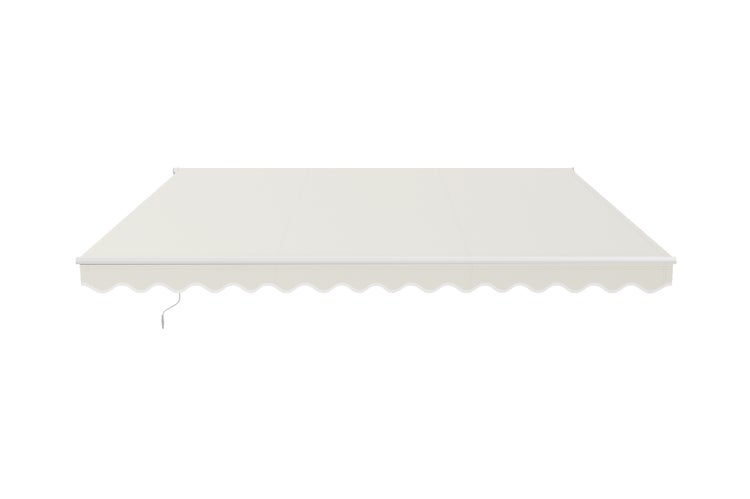 Weiße Gelenkarmmarkise mit gewelltem Volant für Terrasse und Balkon.