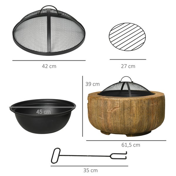 Outsunny Feuerschale, Feuerstelle mit Deckel, Feuerkorb mit Schürhaken, im Baumstumpf-Design, für Garten, Camping, Terrasse, Stahl, MgO, Braun