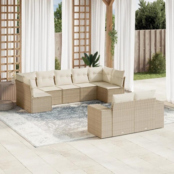 9-tlg. Garten-Sofagarnitur mit Kissen Beige Poly Rattan