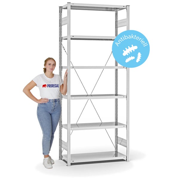 PROREGAL Antibakterielles Fachbodenregal Stecksystem T-Profil HxBxT 250 x 100 x 40 cm 6 Ebenen Traglast 145 kg Antibakterielle Beschichtung Weiß