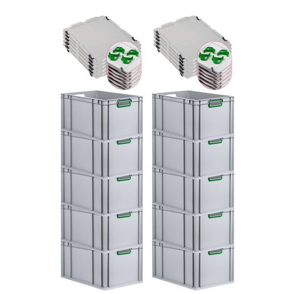 PROREGAL Spar Set 10x Eurobox Nextgen Color Mit Auflagedeckel & Schiebeschnappverschlüsse HxBxT 32 x 40 x 60 cm Griffe Grün Offen Verstärkter Boden