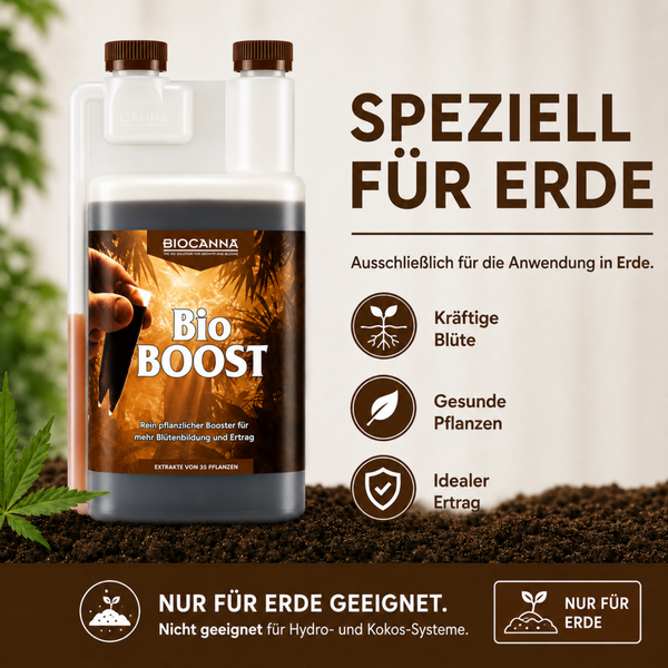 Biocanna Bio Boost Pflanzendünger für Erde in einer Dosierflasche zur Förderung von Blütenbildung und Ertrag.