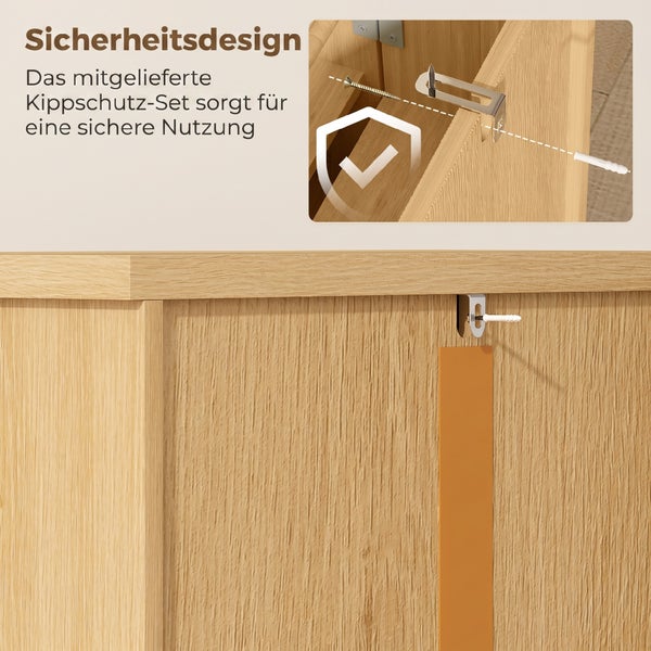 Detailaufnahme eines Möbels in Eichenoptik mit montiertem Kippschutz-Set inklusive Wandbefestigung für erhöhte Stabilität und Sicherheit.