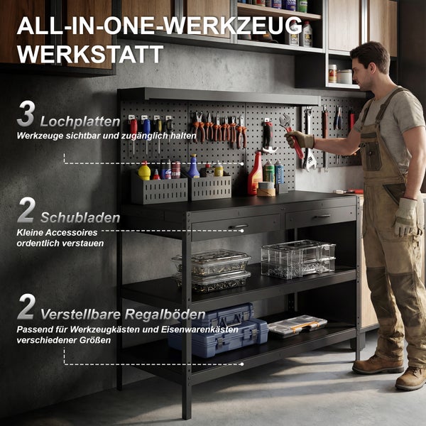 Schwarze Metall-Werkbank mit 3 Lochplatten, 2 Schubladen und 2 verstellbaren Regalböden in einer Werkstatt.