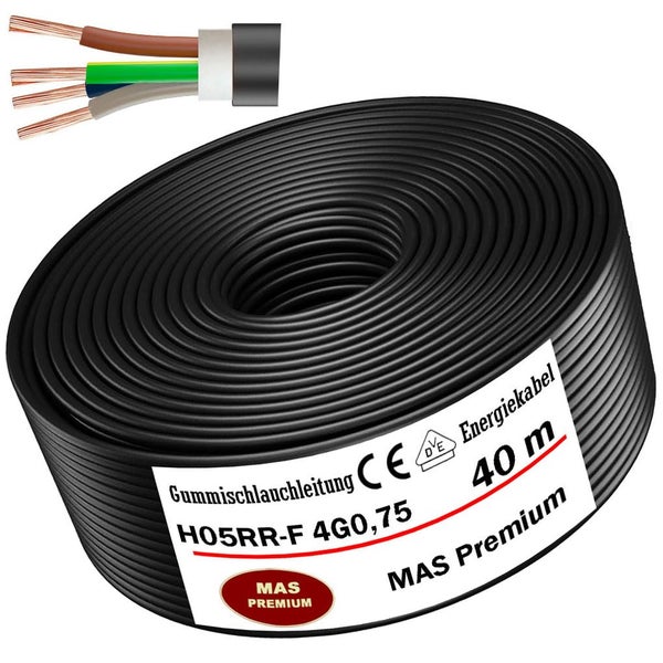 Gummischlauchleitung H05RR-F 4G0,75 MAS Premium, 40 Meter Rolle, 4-adriges Energiekabel, MAS Premium Logo.