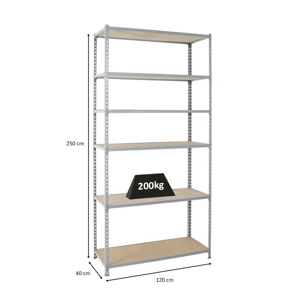 PROREGAL Schwerlastregal Giant Muli HxBxT 250 x 120 x 40 cm 6 Fachböden Fachlast 200 kg Grau