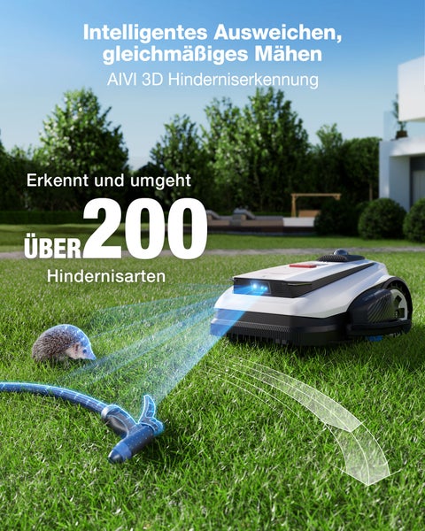 Mähroboter mit AIVI 3D Hinderniserkennung auf einer Rasenfläche erkennt einen Igel und einen Gartenschlauch.