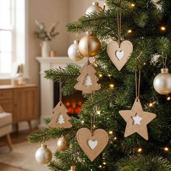 Weihnachtsbaum mit Anhängern aus Pappe in Herz, Stern und Tannenbaum Form sowie Weihnachtskugeln und integrierter Lichterkette im Wohnzimmer