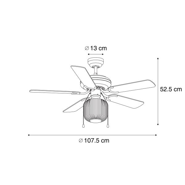 Technische Zeichnung Deckenventilator mit fünf Flügeln und Leuchte, Durchmesser 107,5 Zentimeter, Höhe 52,5 Zentimeter, Baldachin 13 Zentimeter.