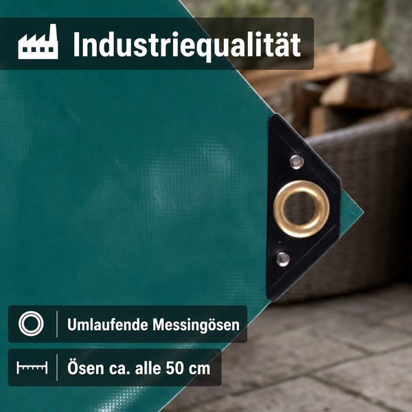 Industriequalität Gewebeplane mit verstärkten Ecken und umlaufenden Messingösen im Abstand von circa 50 Zentimetern.