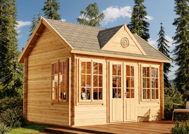 Holzgartenhaus mit Fenstern und Doppeltür auf Holzterrasse