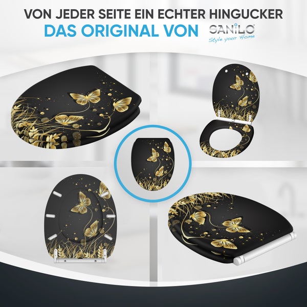Sanilo Toilettensitz mit Schmetterling Motiv in verschiedenen Perspektiven dargestellt. WC Sitz mit Absenkautomatik und Scharnieren.