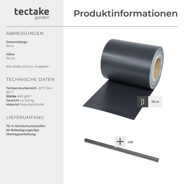 tectake garden Logo. Produktinformationen für Sichtschutzstreifen aus PVC, Länge 70 Meter, Höhe 19 Zentimeter, inklusive 30 Befestigungsclips.