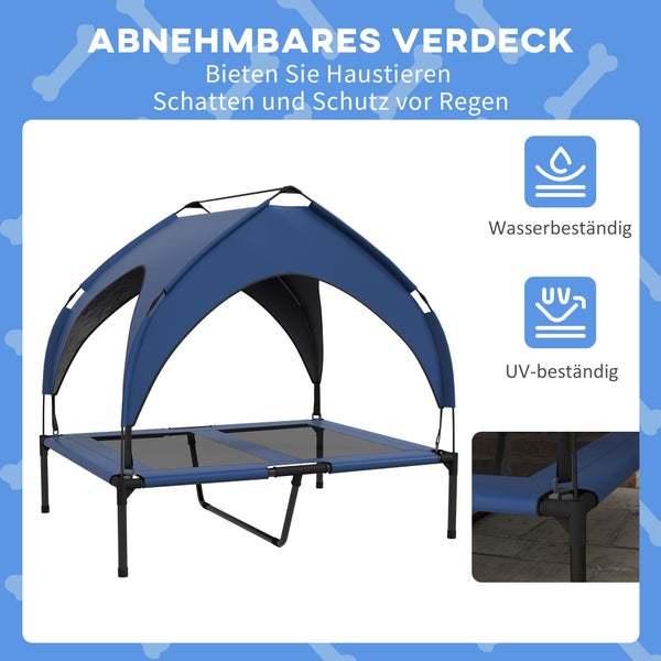 PawHut Erhöhtes Hundebett mit Baldachin, Haustierbett, Outdoor Hundeliege mit Dach, Atmungsaktiv, für große Hunde Dunkelblau Oxford 91 x 76 x 89 cm