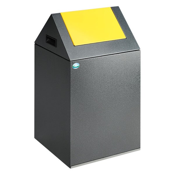 Wertstoffsammler aus Metall mit Einwurfklappe und Spitzdach, grau und gelb, VAR Logo.