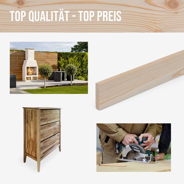 Produktübersicht: Gartenkamin, Holzbrett, Kommode und Handkreissäge in Aktion.