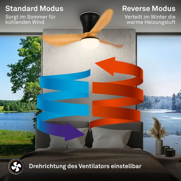 Deckenventilator mit Holzflügeln und Licht, Darstellung der Luftzirkulation im Sommer- und Wintermodus durch einstellbare Drehrichtung.