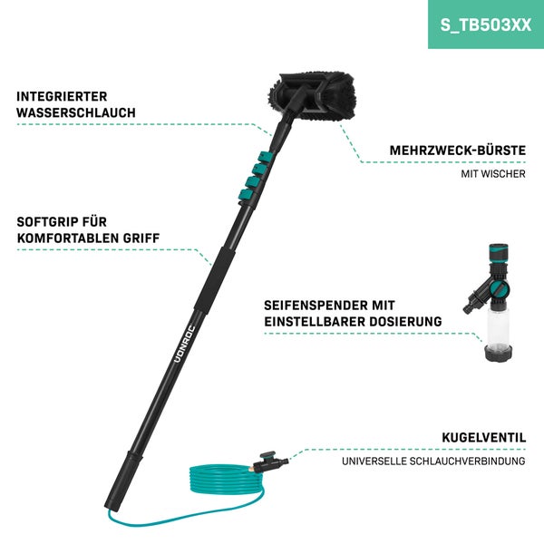 VONROC Fensterputzer mit Teleskopstange 4,6m & Wasserenthärter - Auto Waschbürste mit Stiel, Profi Fensterwischer mit Waschbürste für Fenster, Solaranlage - inkl. Bürste, Schlauch, Seifenspender