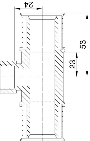 Technische Zeichnung eines T-Stücks mit Maßangaben 24, 23 und 53.