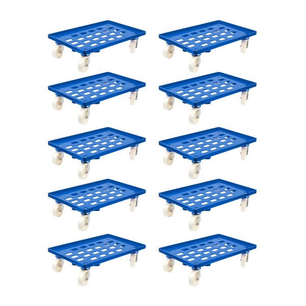 PROREGAL SparSet 10x Transportroller für Euroboxen 60 x 40 cm mit Kunststoffräder Blau Gitter/Rasterdeck 2 Lenkrollen und 2 Bremsrollen 300 kg