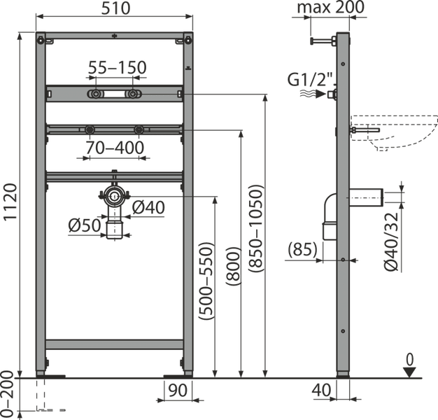 Technische Zeichnung eines Vorwandelements für Waschtische mit Maßangaben in Millimeter für Höhe, Breite und Anschlusspositionen.