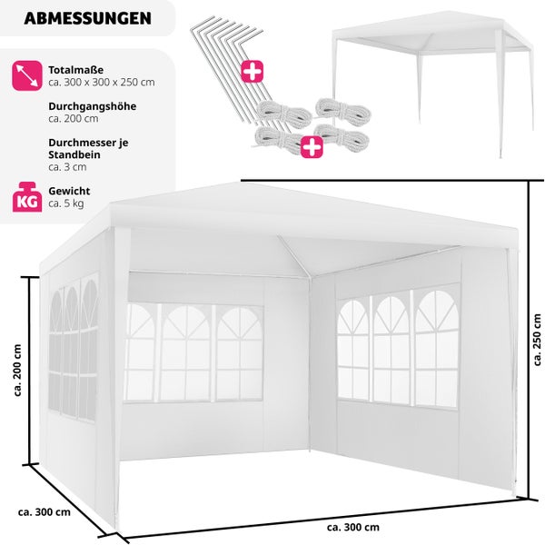 Pavillon tectake Baraban inklusive Spannseile und Heringe 3 x 3 m weiß