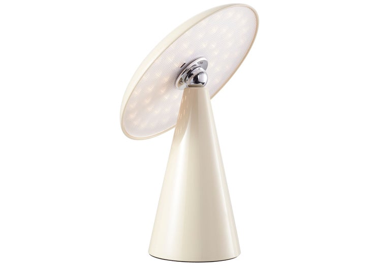 Moderne LED Tischleuchte mit kegelförmigem Fuß und schwenkbarem, rundem Leuchtkopf für den Schreibtisch.