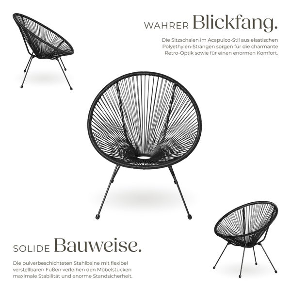 2 Gartenstühle Santana mit Tisch tectake  Belastbarkeit Stuhl 120 kg Retro-Design im Acapulco-Stil schwarz