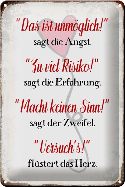 Blechschild Spruch 20x30cm Angst Erfahrung Zweifel Herz