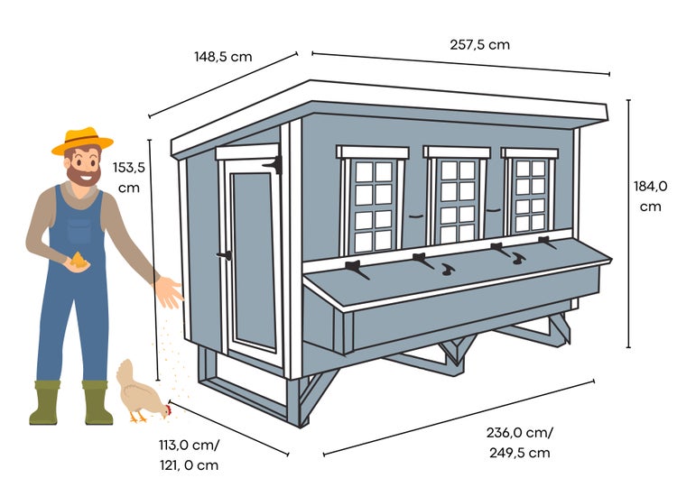 Illustration eines Hühnerstalls mit Maßangaben und einer Person