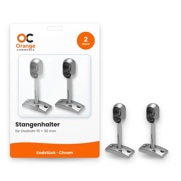 Set aus zwei Stangenhaltern von Orange Commerce für Ovalrohre 15 mal 30 Millimeter in Chromoptik zur Montage als Endstück