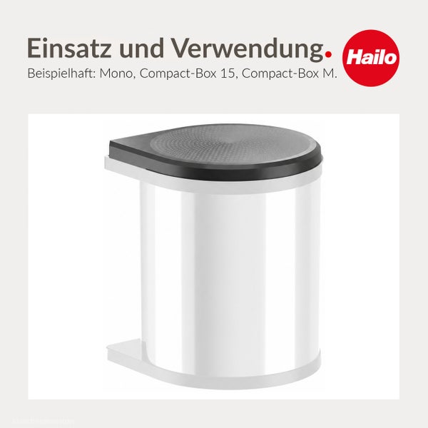 Hailo Logo und runder Abfallbehälter für Einbauküchen als Anwendungsbeispiel für Mono, Compact Box 15 und Compact Box M.