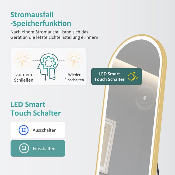 EMKE Bogen Standspiegel Gold, 147 x 45 cm, Ganzkörperspiegel mit LED-Beleuchtung, 3 einstellbare Lichtfarben und dimmbar, Aluminiumrahmen, ideal für Wohn-, Schlaf-, Aufenthalts- und Ankleidezimmer