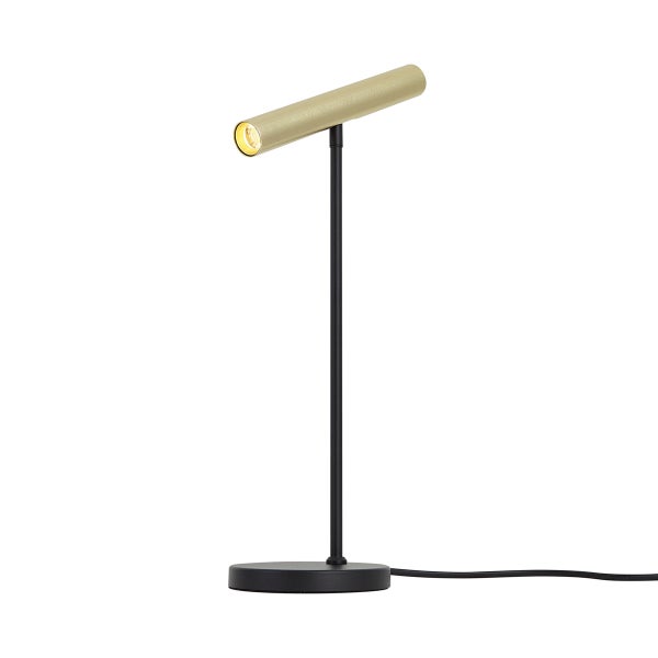 Moderne Schreibtischlampe aus Metall mit schwarzem Gestell und zylindrischem, goldfarbenem Leuchtenkopf.