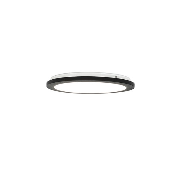 Runde flache LED-Deckenleuchte mit schwarzem Rahmen.