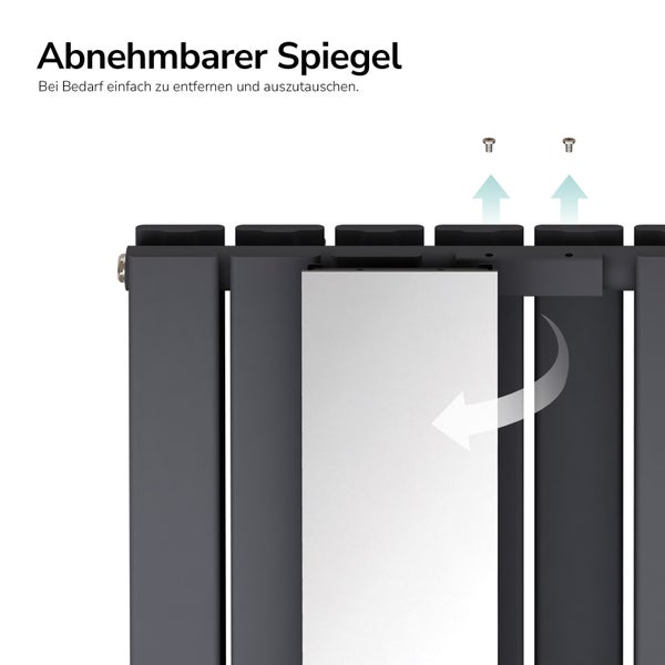 Abnehmbarer Spiegel an einem Heizkörper mit vertikalen Paneelen und Montageschrauben.