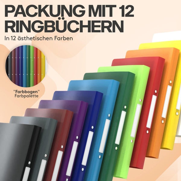 ACROPAQ - 12 x Ringbuch A4 - Mit 2 Ringen, Mit Rückenetiketten, Rückenbreite 2,5 cm, Farbbogen, Natur Farbkollektion - Ringhefter, Ringordner, Ordner A4 Schmal, Ringmappe A4, Schulordner