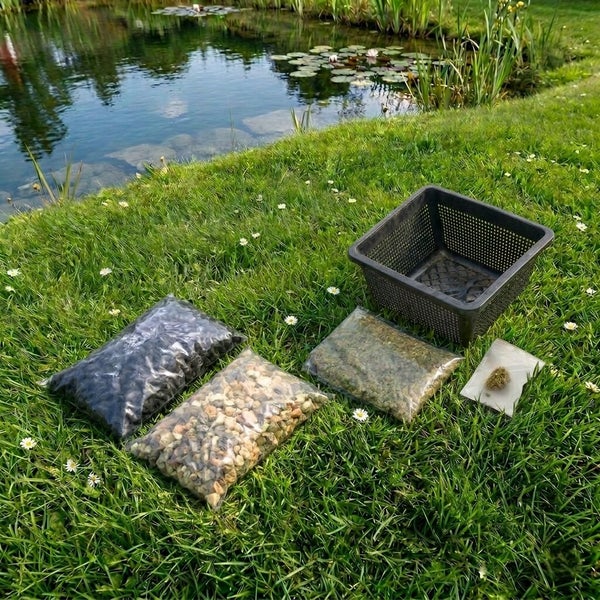 Teichpflanzkorb aus Kunststoff mit Zubehör wie Kies und Substrat auf einer Wiese am Teichrand zur Bepflanzung von Wasserpflanzen.